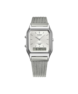 Reloj CASIO Vintage Unisex - Analógico-Digital Correa de Malla Plateada y Esfera Blanca Edgy Collection - AQ-230EM-7AEF