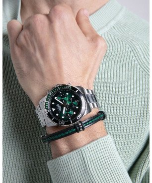 Pulsera VICEROY Magnum Para Hombre - Silicona Negra con Piel Trenzada Verde y Negra - Detalles de Acero | 14128P01010
