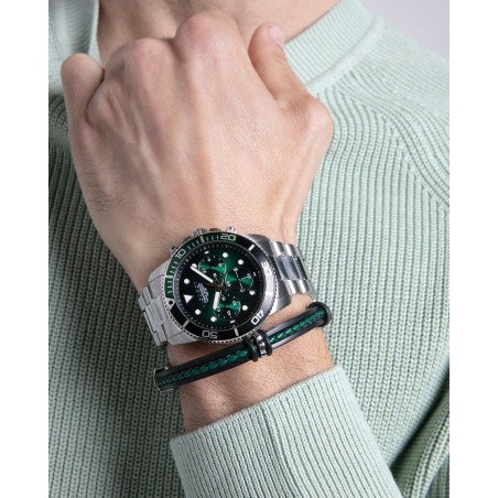 Pulsera VICEROY Magnum Para Hombre - Silicona Negra con Piel Trenzada Verde y Negra - Detalles de Acero | 14128P01010