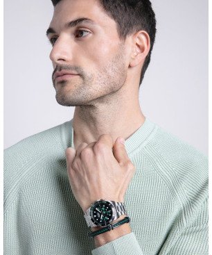 Pulsera VICEROY Magnum Para Hombre - Silicona Negra con Piel Trenzada Verde y Negra - Detalles de Acero | 14128P01010