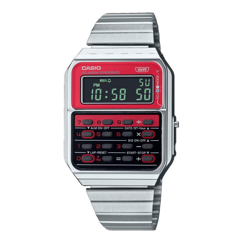 Reloj CASIO Unisex - Calculadora Vintage 70s - Rojo/Negro con Correa de Acero - CA-500WE-4BEF
