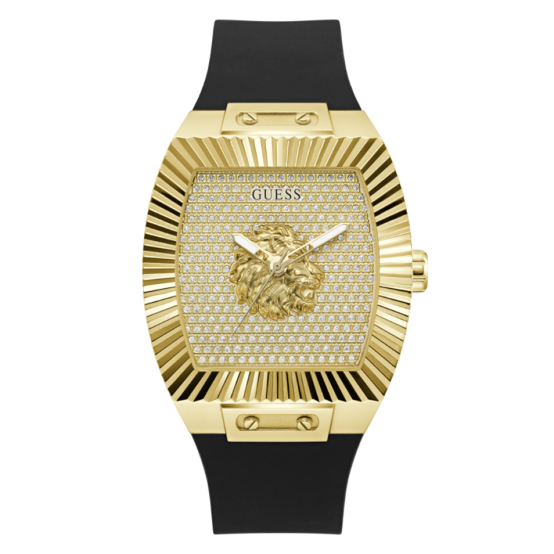 Reloj GUESS Phoenix Hombre - Brazalete de Silicona Negra - Esfera Dorada Champagne con León | 5 ATM | GW1066G2