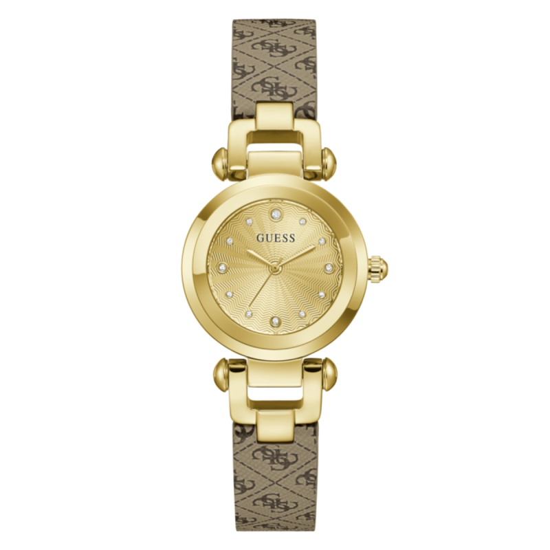Reloj GUESS Ginger Mujer - Brazalete de Piel Marrón Estampado - Caja y Esfera de Acero Dorado Champagne | 3 ATM | GW1021L2