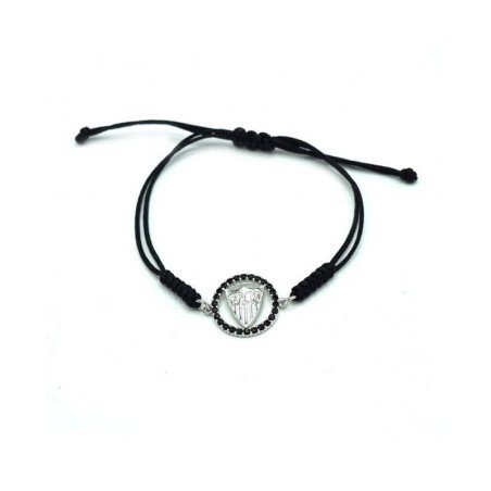 Pulsera SEVILLA F.C. de Plata con Escudo en Relieve y Circonitas Negras Macramé Ajustable CJ2033A