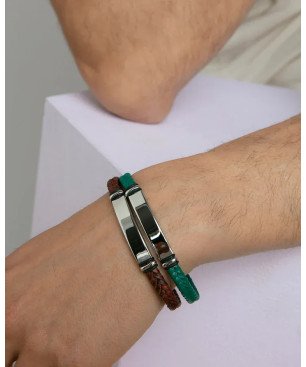 Pulsera VICEROY Magnum Hombre - Piel Trenzada Color Verde - Detalle Placa Central de Acero | 21,5 cm | 15180P01016