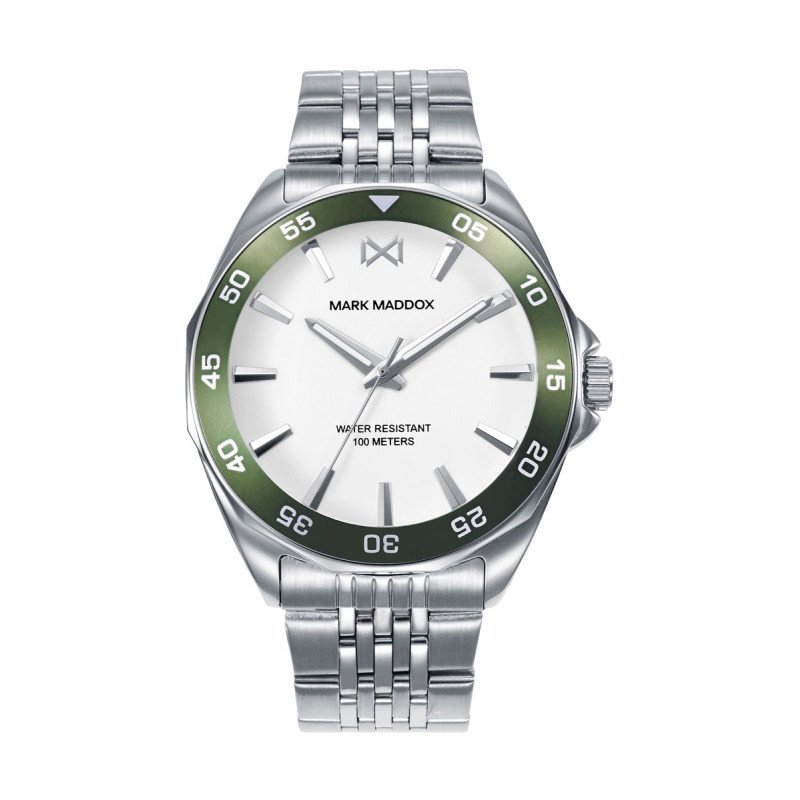 Reloj MARK MADDOX Mission Hombre - Brazalete de Acero y Esfera Blanca - Bisel Color Verde | 10 ATM | HM1022-07 Reloj MARK MADDOX Mission Hombre - Brazalete de Acero y Esfera Blanca - Bisel Color Verde | 10 ATM | HM1022-07