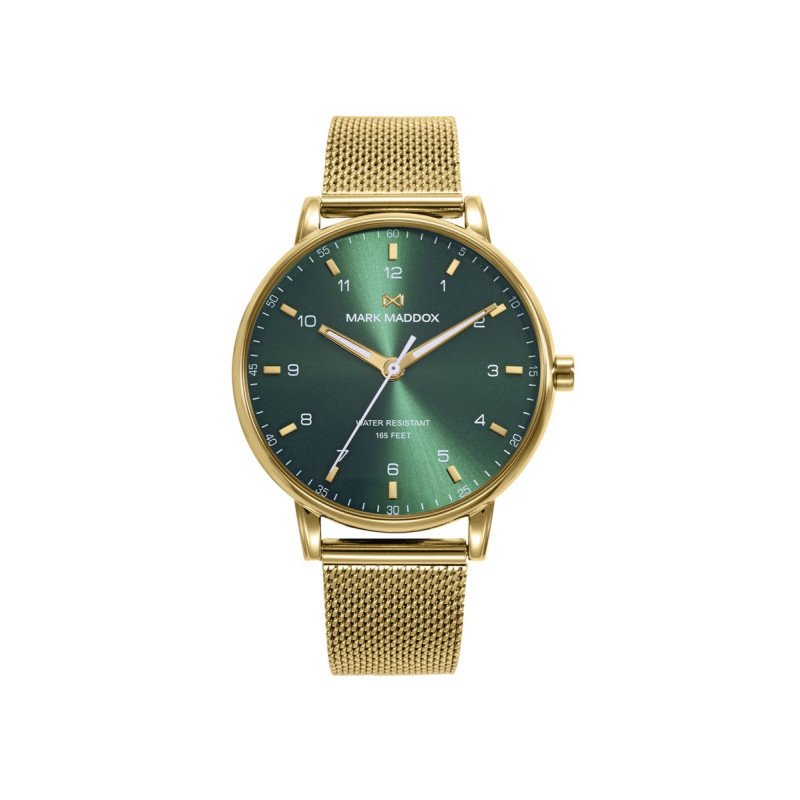 Reloj MARK MADDOX Greenwich Hombre - Brazalete de Acero IP Dorado Tipo Malla Milanesa - Esfera Verde | 5 ATM | HM1014-64
