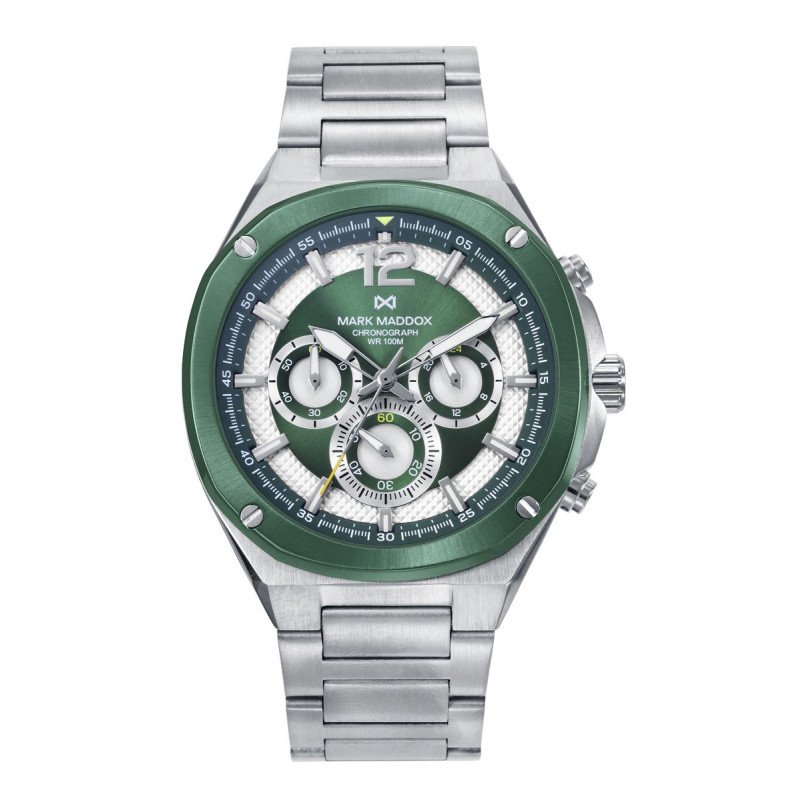 Reloj MARK MADDOX Mission Hombre - Cronógrafo Brazalete Acero con Esfera Bitono Verde/Blanca - Bisel Verde | 10 ATM | HM1021-65 Reloj MARK MADDOX Mission Hombre - Cronógrafo Brazalete Acero con Esfera Bitono Verde/Blanca - Bisel Verde | 10 ATM | HM1021-65