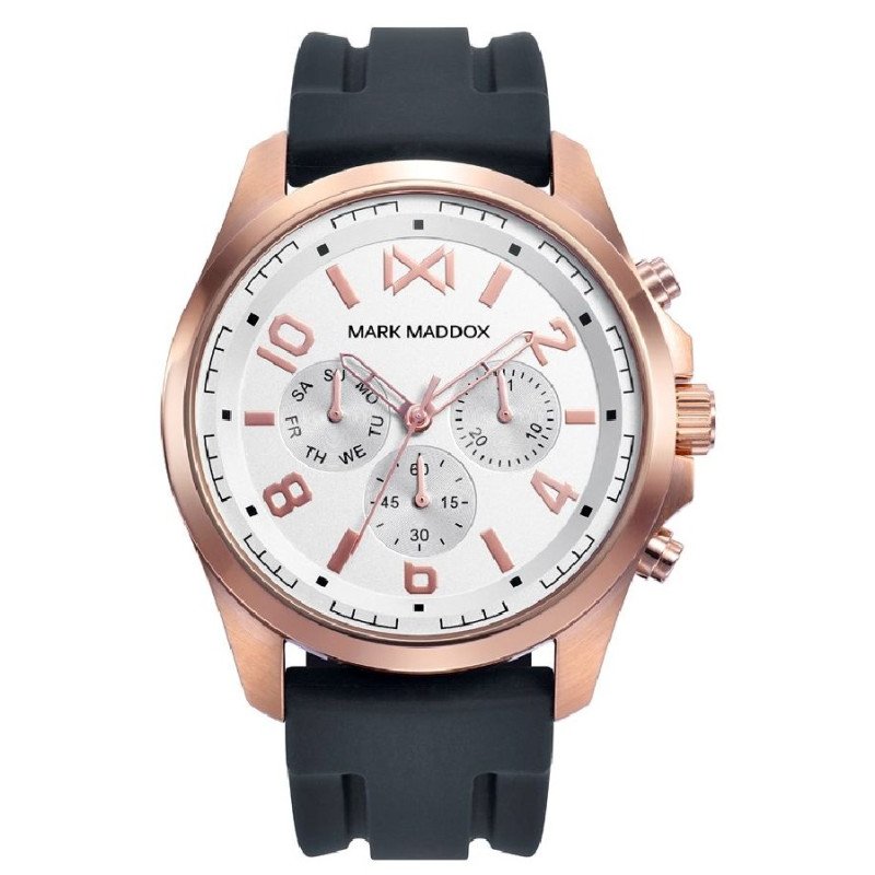 Reloj MARK MADDOX Mission Hombre - Brazalete Silicona Negra y Esfera Blanca - Caja Acero Oro Rosa | 5 ATM | HC0106-05