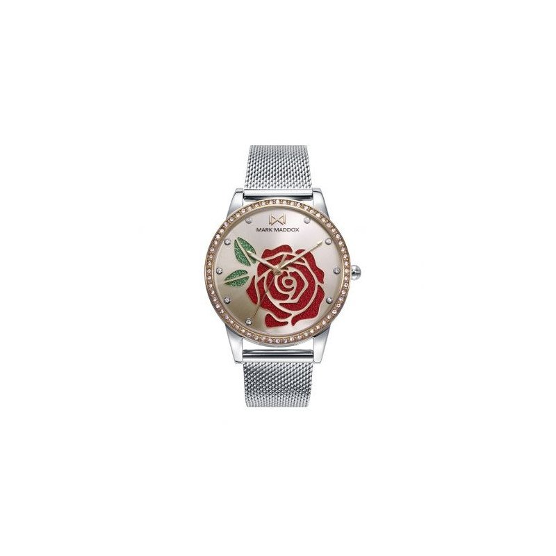 Reloj MARK MADDOX Tooting Mujer - Brazalete Malla Milanesa y Esfera con Flor Glitter Rojo - Bisel Circonitas |3 ATM| MM0130-27 Reloj MARK MADDOX Tooting Mujer - Brazalete Malla Milanesa y Esfera con Flor Glitter Rojo - Bisel Circonitas |3 ATM| MM0130-27