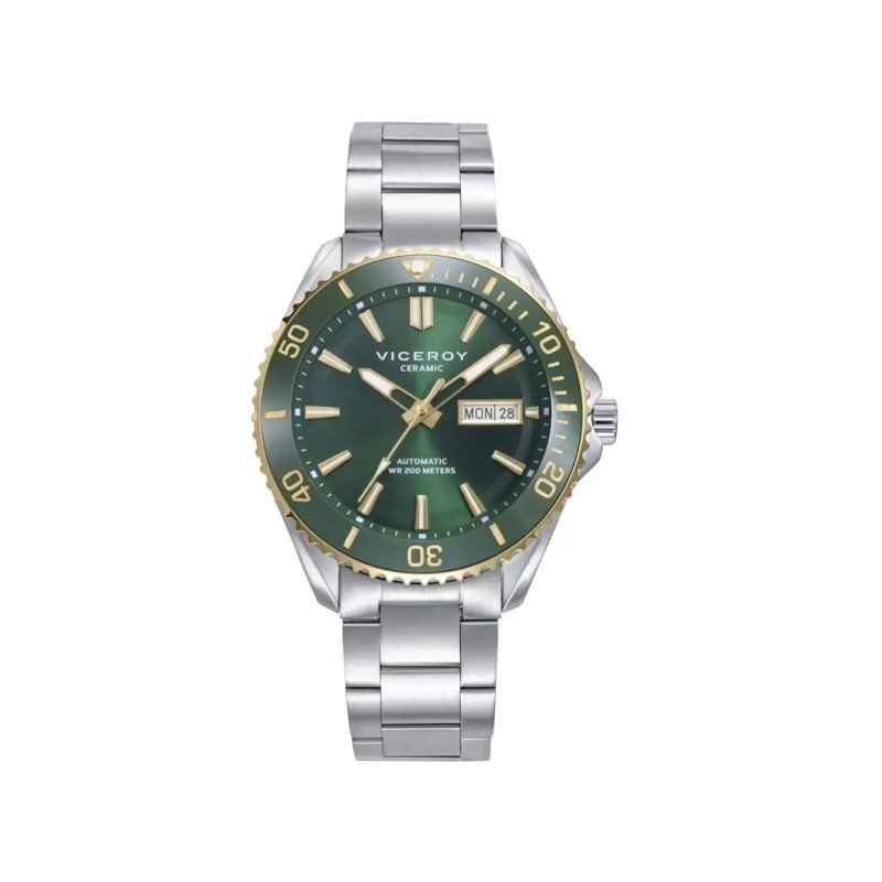 Reloj VICEROY Automático Hombre - Brazalete de Acero con Esfera Verde y Bisel Cerámico - Detalles Dorados | 20 ATM | 41181-67 Reloj VICEROY Automático Hombre - Brazalete de Acero con Esfera Verde y Bisel Cerámico - Detalles Dorados | 20 ATM | 41181-67