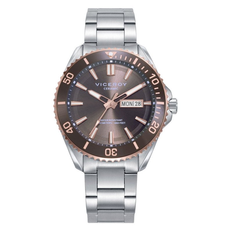 Reloj VICEROY Heat Hombre - Brazalete de Acero con Esfera Bronce - Bisel Cerámica Marrón e IP Rosa | 20 ATM | 41175-17 Reloj VICEROY Heat Hombre - Brazalete de Acero con Esfera Bronce - Bisel Cerámica Marrón e IP Rosa | 20 ATM | 41175-17