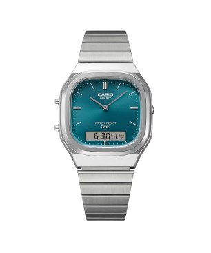 Reloj CASIO Vintage Unisex - Correa y Esfera de Acero - Pantalla Analógico-Digital Verde - Caja Redondeada | AQ-240E-3AEF