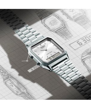 Reloj CASIO Vintage Unisex - Analógico-Digital Brazalete de Acero y Esfera Plateada - Edgy Collection | AQ-230A-7AMQYES