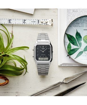 Reloj CASIO Vintage Unisex - Analógico-Digital Brazalete de Acero y Esfera Negra - Edgy Collection | AQ-230A-1DMQYES