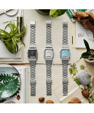 Reloj CASIO Vintage Unisex - Analógico-Digital Brazalete de Acero y Esfera Negra - Edgy Collection | AQ-230A-1DMQYES