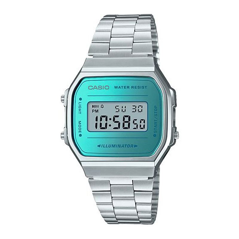 Reloj CASIO Vintage Unisex - Digital Iconic Brazalete de Acero y Caja Rectangular - Esfera Azul Celeste | A168WEM-2EF