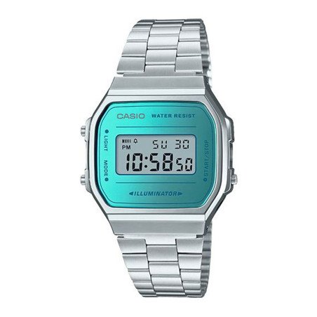 Reloj CASIO Vintage Unisex - Digital Iconic Brazalete de Acero y Caja Rectangular - Esfera Azul Celeste | A168WEM-2EF