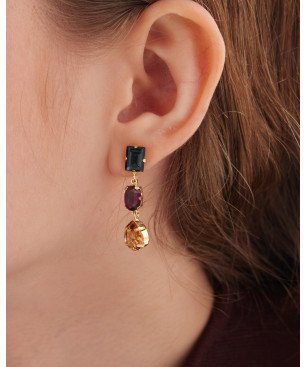 Pendientes Cortos VICTORIA CRUZ Borea Para Mujer - Cristales en Plata de Ley Multicolor - Baño Oro 18KT | A5478-MDT