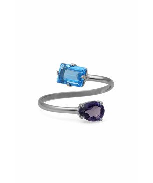 Anillo VICTORIA CRUZ Borea Para Mujer - Espiral con Cristales Azul y Morado en Plata de Ley - Baño Rodio | A5477-10HA