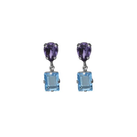 Pendientes Cortos VICTORIA CRUZ Borea Para Mujer - Cristales en Plata de Ley Azul y Morado - Baño Rodio | A5474-10HT