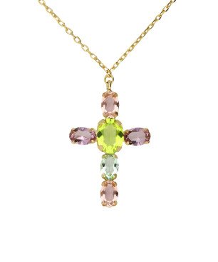 Collar Corto VICTORIA CRUZ Amalfi Para Mujer - Cruz con Cristales en Plata de Ley Multicolor - Baño Oro 18KT | A5435-MDG