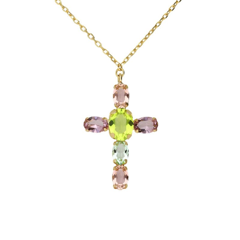 Collar Corto VICTORIA CRUZ Amalfi Para Mujer - Cruz con Cristales en Plata de Ley Multicolor - Baño Oro 18KT | A5435-MDG Collar Corto VICTORIA CRUZ Amalfi Para Mujer - Cruz con Cristales en Plata de Ley Multicolor - Baño Oro 18KT | A5435-MDG
