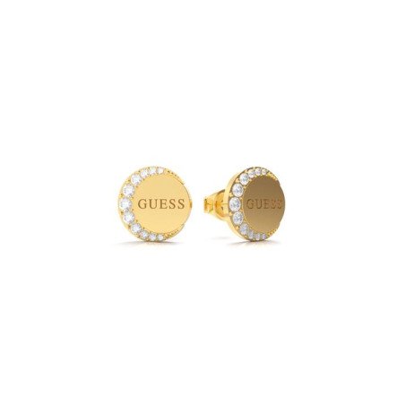 Pendientes GUESS Stylish Mujer - Redondos Tipo Botón de Acero IP Dorado con Pedrería - Grabado Logotipo | JUBE01195JWYGT-U