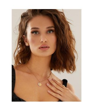 Pendientes GUESS Stylish Mujer - Redondos Tipo Botón de Acero IP Dorado con Pedrería - Grabado Logotipo | JUBE01195JWYGT-U