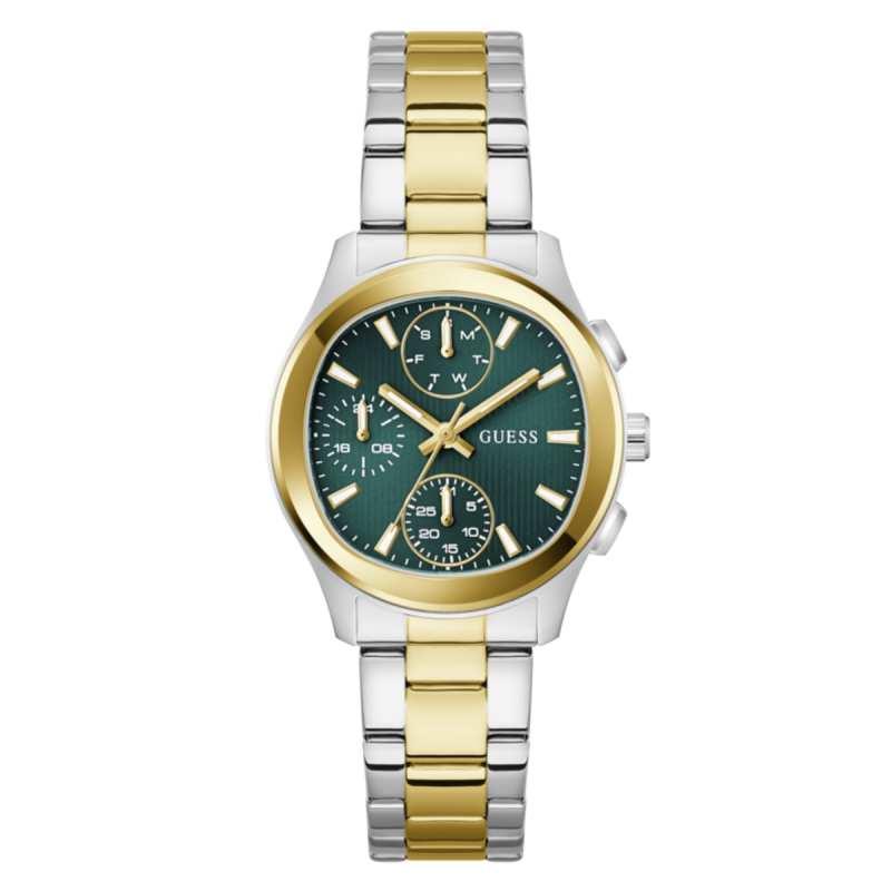 Reloj GUESS Birdie Mujer - Cronógrafo Brazalete de Acero Bicolor e IP Dorado - Esfera Verde | 3 ATM | GW1031L6 Reloj GUESS Birdie Mujer - Cronógrafo Brazalete de Acero Bicolor e IP Dorado - Esfera Verde | 3 ATM | GW1031L6
