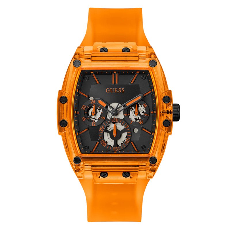 Reloj GUESS Phoenix Hombre - Cronógrafo Brazalete de Silicona Naranja - Esfera Negra | 5 ATM | GW0203G10 Reloj GUESS Phoenix Hombre - Cronógrafo Brazalete de Silicona Naranja - Esfera Negra | 5 ATM | GW0203G10