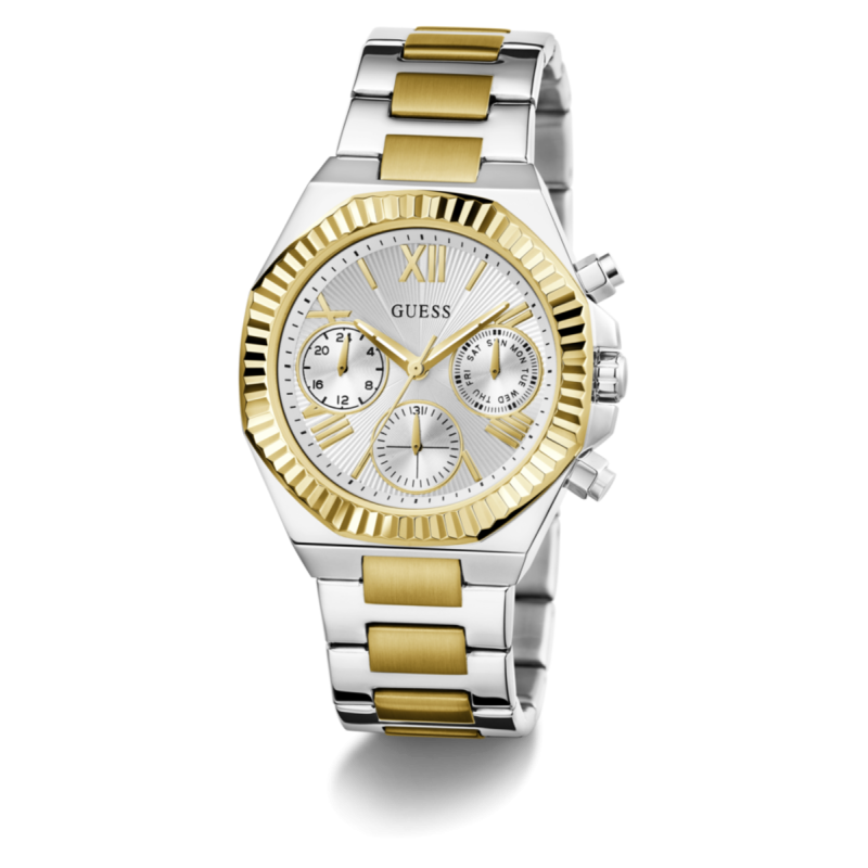Reloj GUESS Equality Mujer - Cronógrafo Brazalete de Acero Bicolor IP Dorado - Bisel Oro y Esfera Plateada | 5 ATM | GW0769L3 Reloj GUESS Equality Mujer - Cronógrafo Brazalete de Acero Bicolor IP Dorado - Bisel Oro y Esfera Plateada | 5 ATM | GW0769L3