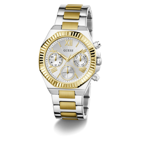 Reloj GUESS Equality Mujer - Cronógrafo Brazalete de Acero Bicolor IP Dorado - Bisel Oro y Esfera Plateada | 5 ATM | GW0769L3
