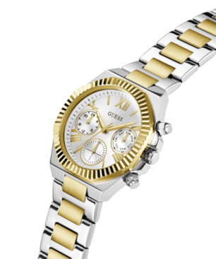 Reloj GUESS Equality Mujer - Cronógrafo Brazalete de Acero Bicolor IP Dorado - Bisel Oro y Esfera Plateada | 5 ATM | GW0769L3