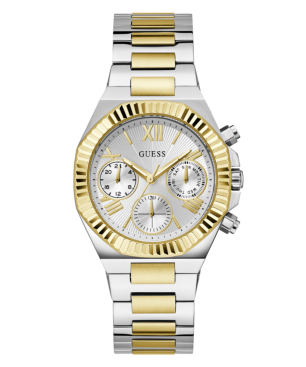 Reloj GUESS Equality Mujer - Cronógrafo Brazalete de Acero Bicolor IP Dorado - Bisel Oro y Esfera Plateada | 5 ATM | GW0769L3