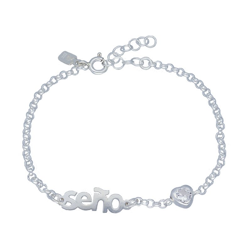 Pulsera con Charms Letras "Seño" y Corazón Circonita - Plata de Ley | 19cm