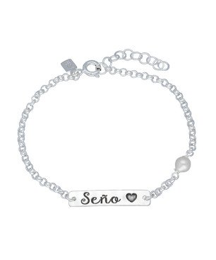 Pulsera con Perla y Chapa Rectangular "Seño" - Plata de Ley | 16+3 mm