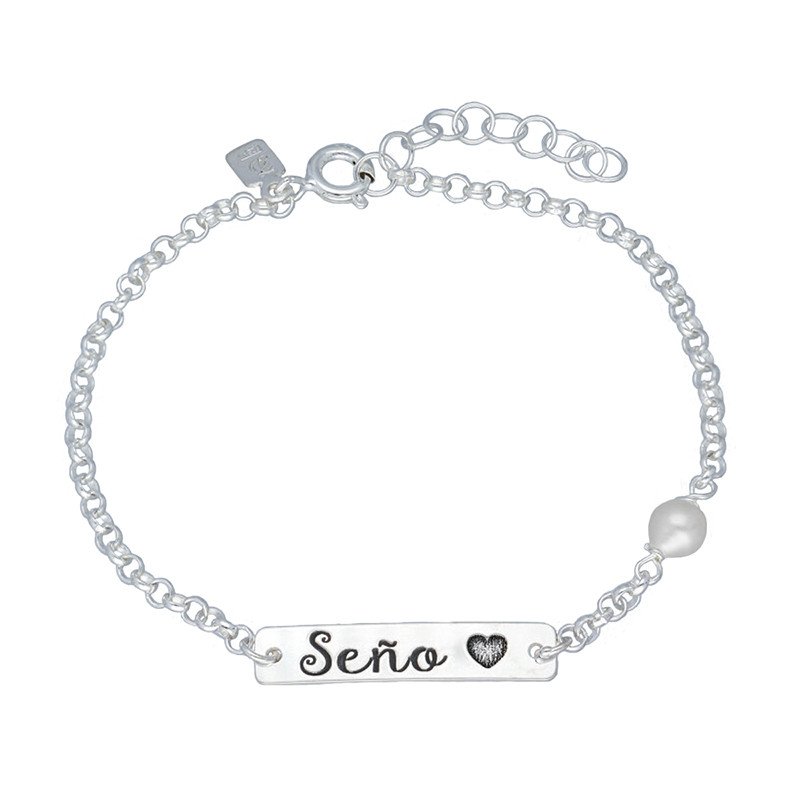 Pulsera con Perla y Chapa Rectangular "Seño" - Plata de Ley | 16+3 mm Pulsera con Perla y Chapa Rectangular "Seño" - Plata de Ley | 16+3 mm