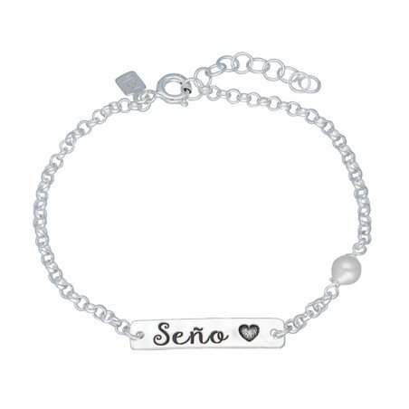 Pulsera con Perla y Chapa Rectangular "Seño" - Plata de Ley | 16+3 mm