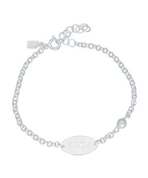 Pulsera con Perla y Chapa Oval "Seño" - Plata de Ley | 16+3 cm