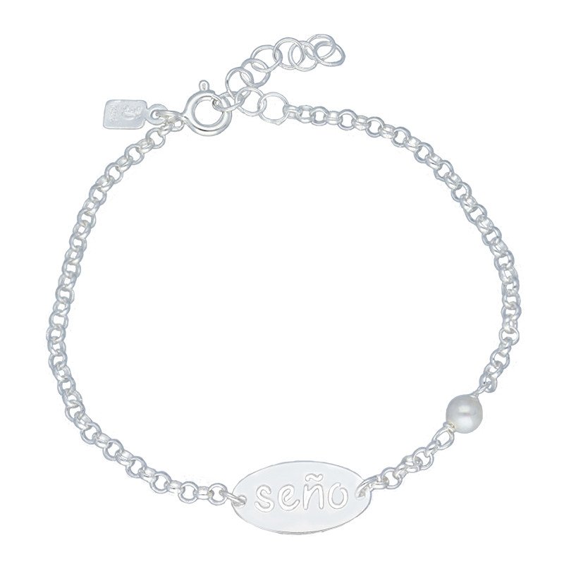 Pulsera con Perla y Chapa Oval "Seño" - Plata de Ley | 16+3 cm Pulsera con Perla y Chapa Oval "Seño" - Plata de Ley | 16+3 cm