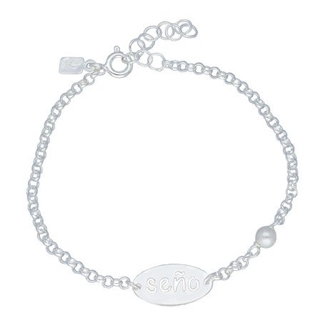 Pulsera con Perla y Chapa Oval "Seño" - Plata de Ley | 16+3 cm