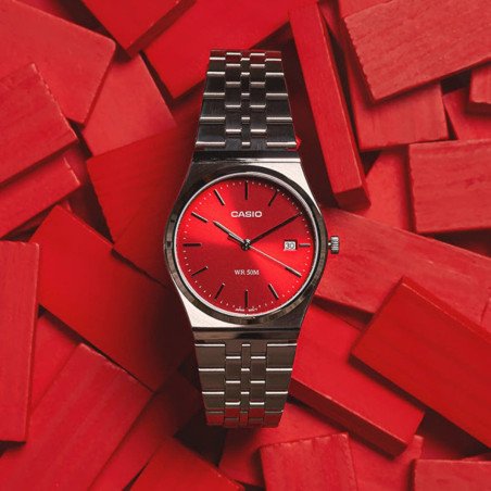 Reloj CASIO Hombre - Analógico Brazalete de Acero con Esfera Roja | 5 ATM | MTP-B145D-4A2VEF