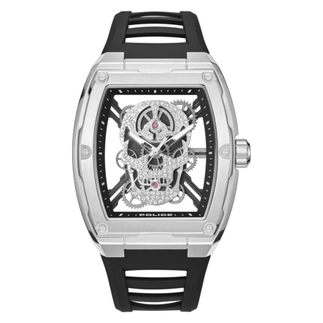 Reloj POLICE Cranium Hombre - Brazalete Silicona Negra - Esfera con Calavera Calada en Plata y Cristales | 5 ATM | PEWJM0081301