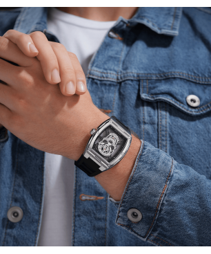 Reloj POLICE Cranium Hombre - Brazalete Silicona Negra - Esfera con Calavera Calada en Plata y Cristales | 5 ATM | PEWJM0081301