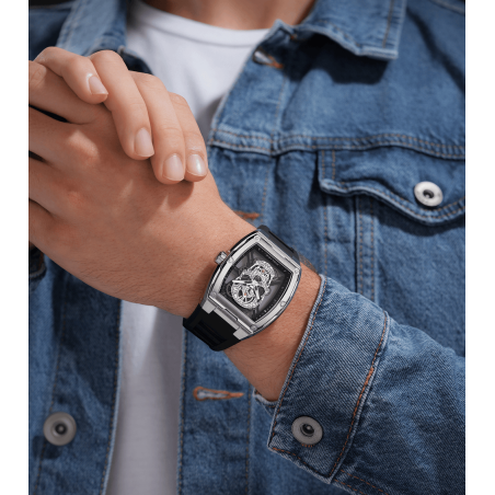 Reloj POLICE Cranium Hombre - Brazalete Silicona Negra - Esfera con Calavera Calada en Plata y Cristales | 5 ATM | PEWJM0081301
