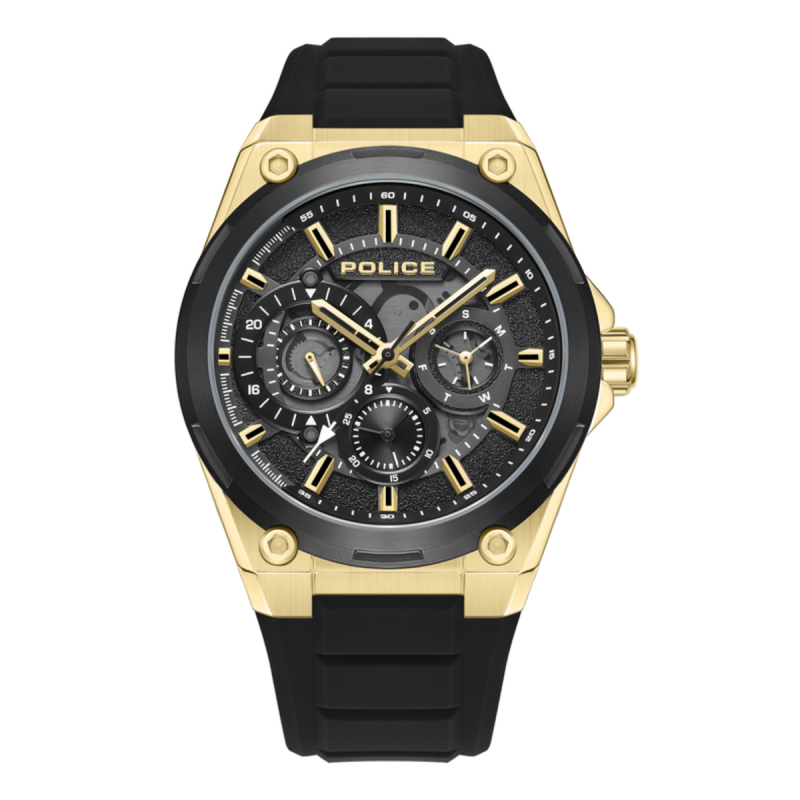 Reloj POLICE Salkantay Hombre - Cronógrafo Brazalete de Silicona y Dial Negro - Caja de Acero IP Dorado | 5 ATM | PEWJQ2203241