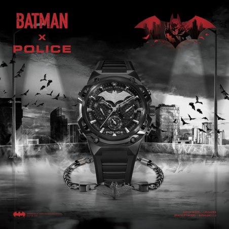 Set Reloj + Pulsera POLICE Crusader Hombre - Edición Limitada BATMAN - Diseño Murciélago IP Negro | 5 ATM | PEWGQ0089901-SET