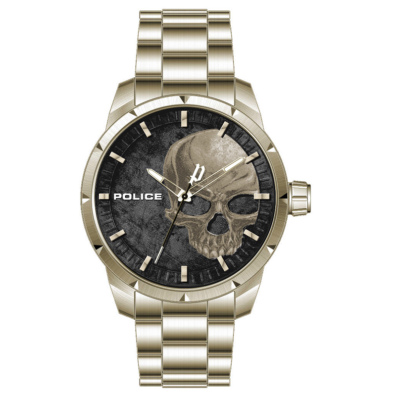 Reloj POLICE Neist Hombre - Brazalete de Acero IP Dorado - Esfera Negra con Detalle Calavera | 5 ATM | PL.15715JSG-78M Reloj POLICE Neist Hombre - Brazalete de Acero IP Dorado - Esfera Negra con Detalle Calavera | 5 ATM | PL.15715JSG-78M