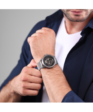 Reloj POLICE Raho Hombre - Brazalete de Acero Malla Milanesa - Esfera Negra con Detalle Calavera | 5 ATM | PEWJG0005505